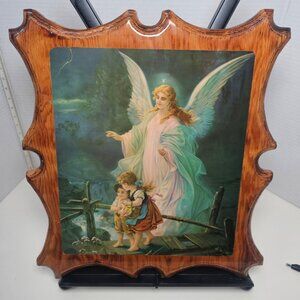Vintage Guardian Angel Print on Wooden Frame, Religious Art